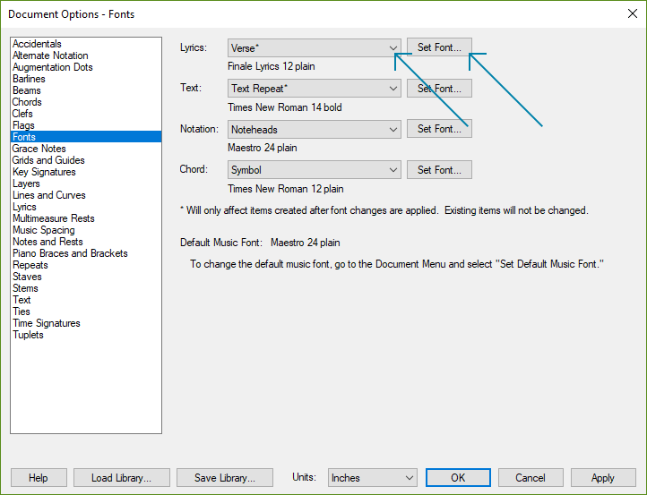 Document Options - Fonts dialog box with the Lyrics dropdown and Set Font button highlighted